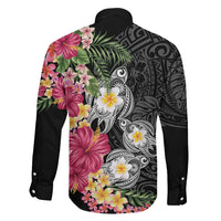 Hawaiian Tropical Flowers and Tribal Turtles Family Matching Tank Maxi Dress and Hawaiian Shirt Polynesian Art Motifs Black Color - Polynesian Pride