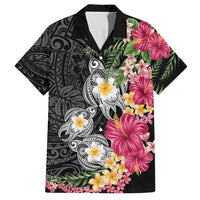 Hawaiian Tropical Flowers and Tribal Turtles Hawaiian Shirt Polynesian Art Motifs Black Color - Polynesian Pride