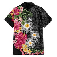 Hawaiian Tropical Flowers and Tribal Turtles Hawaiian Shirt Polynesian Art Motifs Black Color - Polynesian Pride