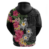Hawaiian Tropical Flowers and Tribal Turtles Hoodie Polynesian Art Motifs Black Color - Polynesian Pride