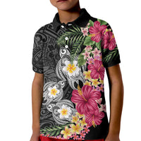 Hawaiian Tropical Flowers and Tribal Turtles Kid Polo Shirt Polynesian Art Motifs Black Color - Polynesian Pride