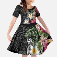 Hawaiian Tropical Flowers and Tribal Turtles Kid Short Sleeve Dress Polynesian Art Motifs Black Color - Polynesian Pride