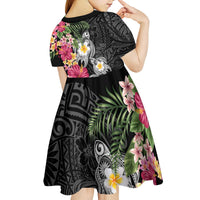 Hawaiian Tropical Flowers and Tribal Turtles Kid Short Sleeve Dress Polynesian Art Motifs Black Color - Polynesian Pride
