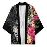 Hawaiian Tropical Flowers and Tribal Turtles Kimono Polynesian Art Motifs Black Color - Polynesian Pride