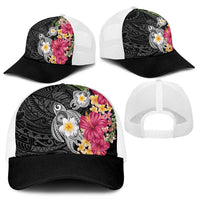 Hawaiian Tropical Flowers and Tribal Turtles Mesh Trucker Cap Polynesian Art Motifs Black Color - Polynesian Pride