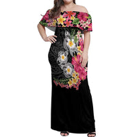 Hawaiian Tropical Flowers and Tribal Turtles Off Shoulder Maxi Dress Polynesian Art Motifs Black Color - Polynesian Pride