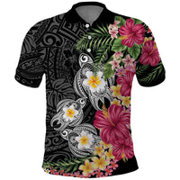 Hawaiian Tropical Flowers and Tribal Turtles Polo Shirt Polynesian Art Motifs Black Color - Polynesian Pride