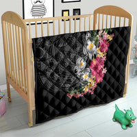 Hawaiian Tropical Flowers and Tribal Turtles Quilt Polynesian Art Motifs Black Color - Polynesian Pride