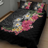 Hawaiian Tropical Flowers and Tribal Turtles Quilt Bed Set Polynesian Art Motifs Black Color - Polynesian Pride