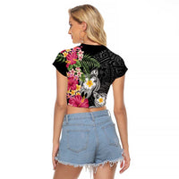 Hawaiian Tropical Flowers and Tribal Turtles Raglan Cropped T Shirt Polynesian Art Motifs Black Color - Polynesian Pride