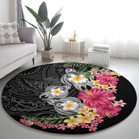 Hawaiian Tropical Flowers and Tribal Turtles Round Carpet Polynesian Art Motifs Black Color - Polynesian Pride