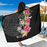 Hawaiian Tropical Flowers and Tribal Turtles Sarong Polynesian Art Motifs Black Color - Polynesian Pride