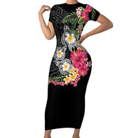Hawaiian Tropical Flowers and Tribal Turtles Short Sleeve Bodycon Dress Polynesian Art Motifs Black Color - Polynesian Pride
