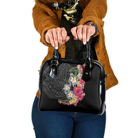 Hawaiian Tropical Flowers and Tribal Turtles Shoulder Handbag Polynesian Art Motifs Black Color - Polynesian Pride