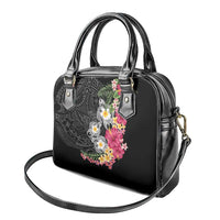 Hawaiian Tropical Flowers and Tribal Turtles Shoulder Handbag Polynesian Art Motifs Black Color - Polynesian Pride