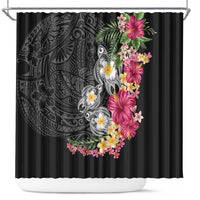 Hawaiian Tropical Flowers and Tribal Turtles Shower Curtain Polynesian Art Motifs Black Color - Polynesian Pride