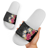 Hawaiian Tropical Flowers and Tribal Turtles Slide Sandals Polynesian Art Motifs Black Color - Polynesian Pride
