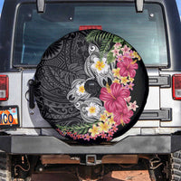 Hawaiian Tropical Flowers and Tribal Turtles Spare Tire Cover Polynesian Art Motifs Black Color - Polynesian Pride