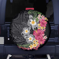 Hawaiian Tropical Flowers and Tribal Turtles Spare Tire Cover Polynesian Art Motifs Black Color - Polynesian Pride