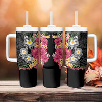 Hawaiian Tropical Flowers and Tribal Turtles Tumbler With Handle Polynesian Art Motifs Black Color - Polynesian Pride