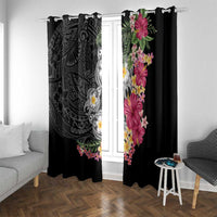 Hawaiian Tropical Flowers and Tribal Turtles Window Curtain Polynesian Art Motifs Black Color - Polynesian Pride