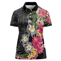 Hawaiian Tropical Flowers and Tribal Turtles Women Polo Shirt Polynesian Art Motifs Black Color - Polynesian Pride