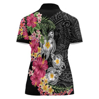 Hawaiian Tropical Flowers and Tribal Turtles Women Polo Shirt Polynesian Art Motifs Black Color LT03 - Polynesian Pride