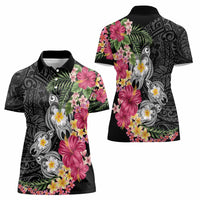 Hawaiian Tropical Flowers and Tribal Turtles Women Polo Shirt Polynesian Art Motifs Black Color LT03 - Polynesian Pride