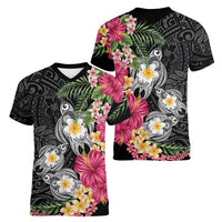 Hawaiian Tropical Flowers and Tribal Turtles Women V-Neck T-Shirt Polynesian Art Motifs Black Color - Polynesian Pride