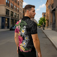 Hawaiian Tropical Flowers and Tribal Turtles Zipper Polo Shirt Polynesian Art Motifs Black Color - Polynesian Pride