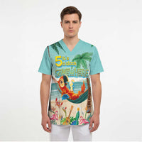 Aloha Hawaii It's 5 o'clock Somewhere Scrub Top Chill Parrot on Beach with Tropical Plants LT03 - Polynesian Pride