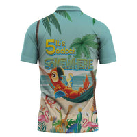 Aloha Hawaii It's 5 o'clock Somewhere Zipper Polo Shirt Chill Parrot on Beach with Tropical Plants - Polynesian Pride