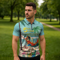 Aloha Hawaii It's 5 o'clock Somewhere Zipper Polo Shirt Chill Parrot on Beach with Tropical Plants - Polynesian Pride