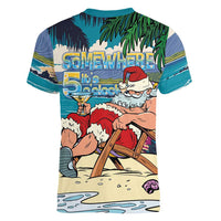 Mele Kalikimaka Hawaii It's 5 o'clock Somewhere Women V-Neck T-Shirt Funny Lazy Santa Claus Chilling with Cocktail - Polynesian Pride