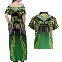 Custom Cook Islands Rugby League Couples Matching Off Shoulder Maxi Dress and Hawaiian Shirt Avaiki Tatau Tribal Motifs Black Color - Polynesian Pride