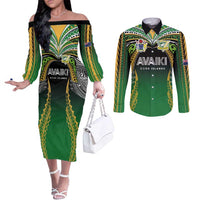 Custom Cook Islands Rugby League Couples Matching Off The Shoulder Long Sleeve Dress and Long Sleeve Button Shirt Avaiki Tatau Tribal Motifs Black Color - Polynesian Pride