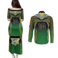 Custom Cook Islands Rugby League Couples Matching Puletasi and Long Sleeve Button Shirt Avaiki Tatau Tribal Motifs Black Color - Polynesian Pride