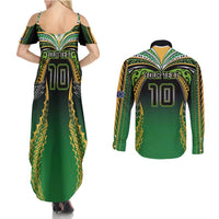 Custom Cook Islands Rugby League Couples Matching Summer Maxi Dress and Long Sleeve Button Shirt Avaiki Tatau Tribal Motifs Black Color - Polynesian Pride