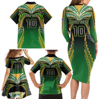 Custom Cook Islands Rugby League Family Matching Long Sleeve Bodycon Dress and Hawaiian Shirt Avaiki Tatau Tribal Motifs Black Color - Polynesian Pride