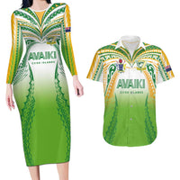 Custom Cook Islands Rugby League Couples Matching Long Sleeve Bodycon Dress and Hawaiian Shirt Avaiki Tatau Tribal Motifs White Color - Polynesian Pride