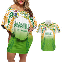 Custom Cook Islands Rugby League Couples Matching Off Shoulder Short Dress and Hawaiian Shirt Avaiki Tatau Tribal Motifs White Color - Polynesian Pride