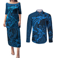 Polynesian Dolphin Valentine Day Couples Matching Puletasi and Long Sleeve Button Shirt Hibiscus and Tribal Tattoo Blue Style LT03 Blue - Polynesian Pride