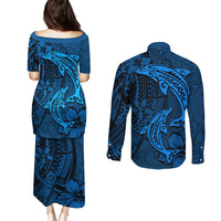 Polynesian Dolphin Valentine Day Couples Matching Puletasi and Long Sleeve Button Shirt Hibiscus and Tribal Tattoo Blue Style LT03 - Polynesian Pride