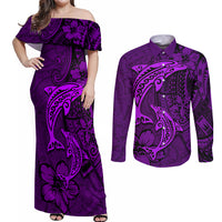 Polynesian Dolphin Valentine Day Couples Matching Off Shoulder Maxi Dress and Long Sleeve Button Shirt Hibiscus and Tribal Tattoo Purple Style LT03 Purple - Polynesian Pride