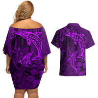 Polynesian Dolphin Valentine Day Couples Matching Off Shoulder Short Dress and Hawaiian Shirt Hibiscus and Tribal Tattoo Purple Style LT03 - Polynesian Pride