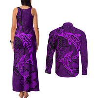 Polynesian Dolphin Valentine Day Couples Matching Tank Maxi Dress and Long Sleeve Button Shirt Hibiscus and Tribal Tattoo Purple Style LT03 - Polynesian Pride