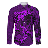 Polynesian Dolphin Valentine Day Family Matching Off Shoulder Long Sleeve Dress and Hawaiian Shirt Hibiscus and Tribal Tattoo Purple Style LT03 Dad's Shirt - Long Sleeve Purple - Polynesian Pride