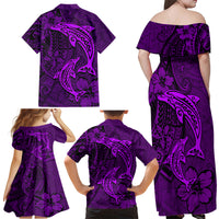 Polynesian Dolphin Valentine Day Family Matching Off Shoulder Maxi Dress and Hawaiian Shirt Hibiscus and Tribal Tattoo Purple Style LT03 - Polynesian Pride