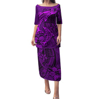 Polynesian Dolphin Valentine Day Puletasi Hibiscus and Tribal Tattoo Purple Style LT03 Long Dress Purple - Polynesian Pride