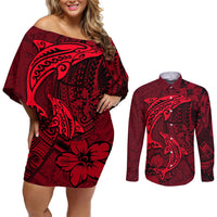 Polynesian Dolphin Valentine Day Couples Matching Off Shoulder Short Dress and Long Sleeve Button Shirt Hibiscus and Tribal Tattoo Red Style LT03 Red - Polynesian Pride